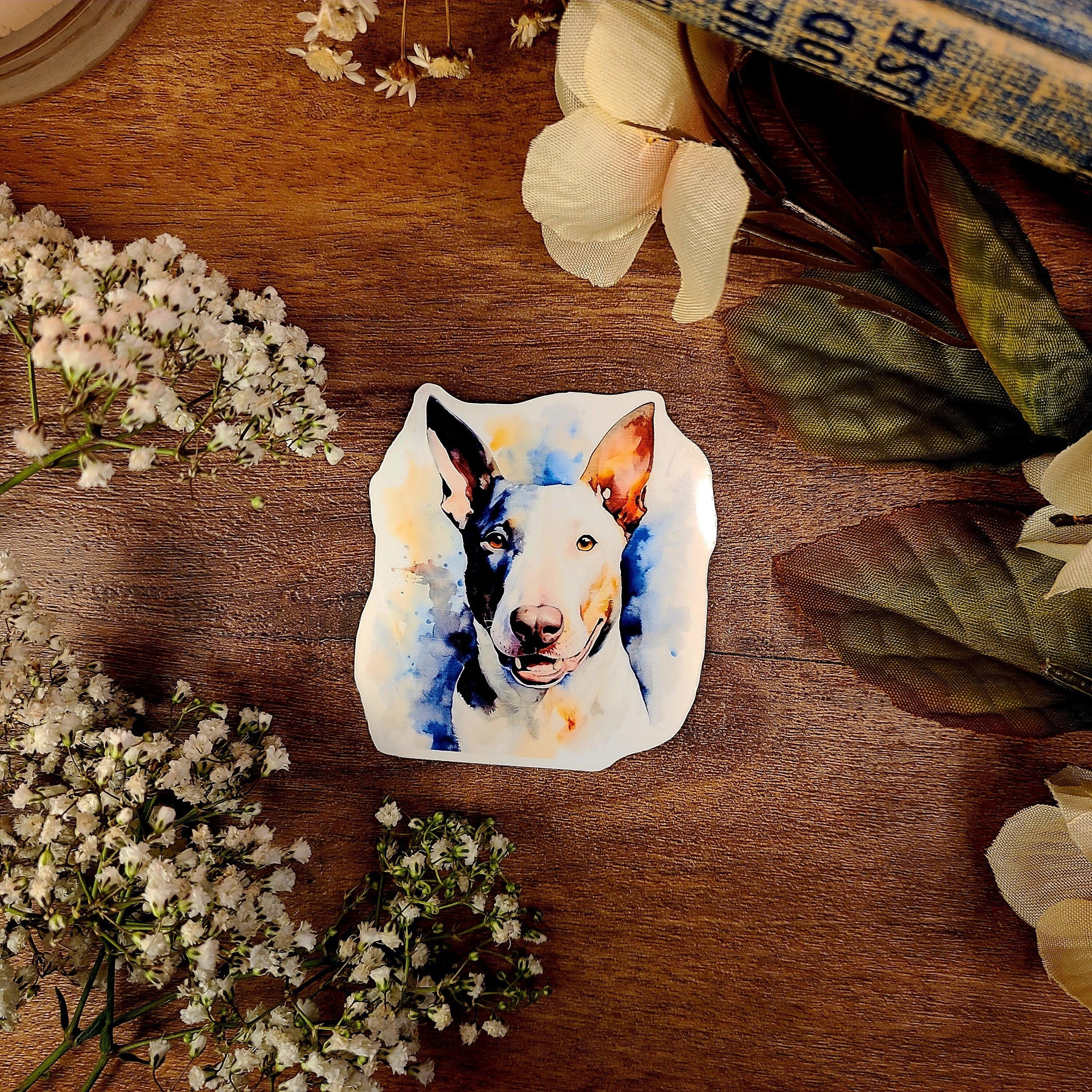 Bull Terrier Dog, White Cavalier, Fur Baby, Vinyl Sticker Decal