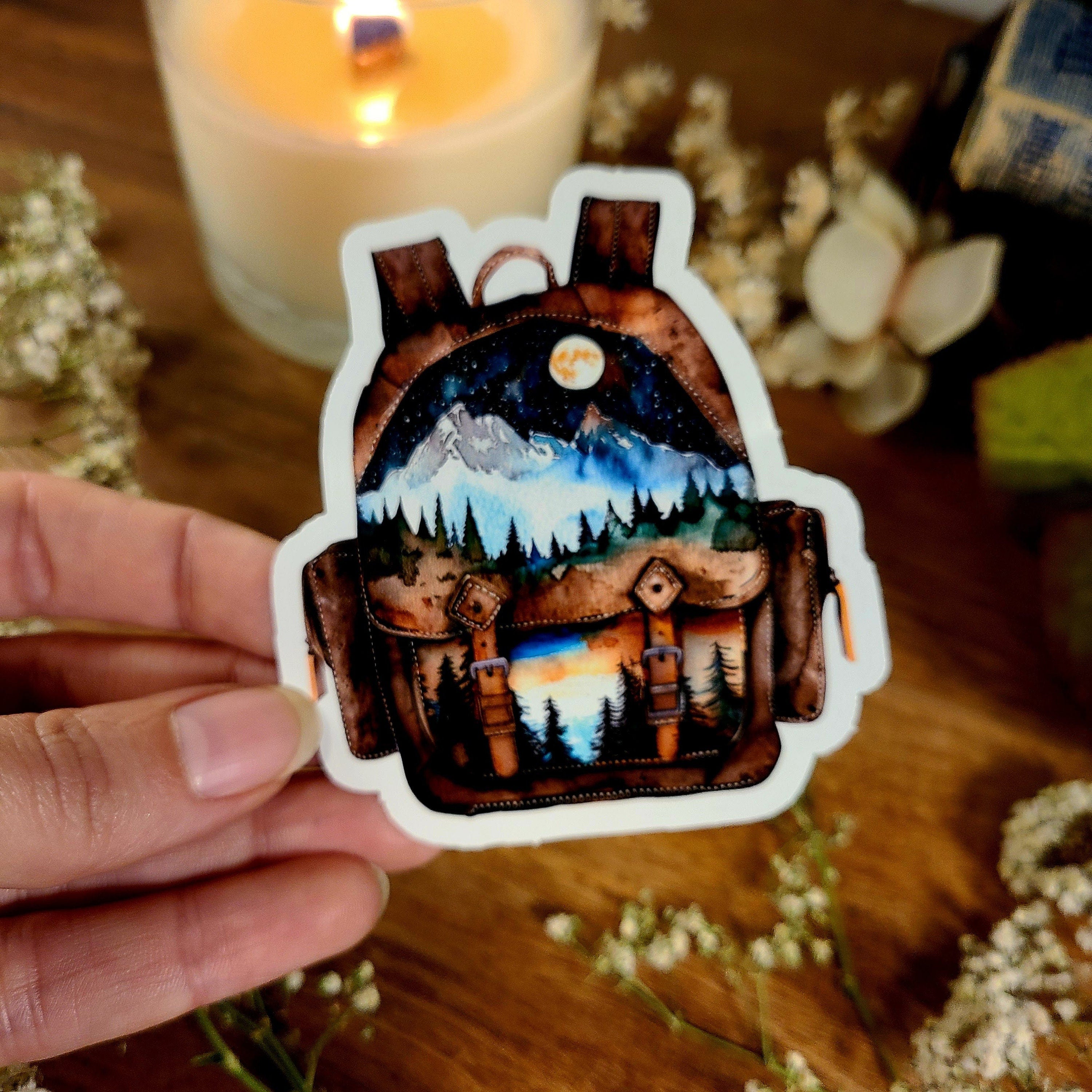 Backpack, Outdoors Forest Compass, John Muir Quote, Camera Mountains, Hiking, Camping, Into the Forest I go, Vinyl Sticker Decal